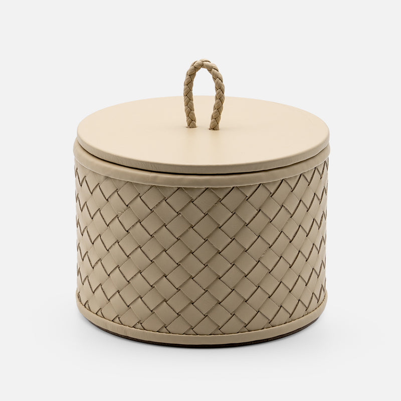 Jana Handwoven Leather Round Box, 12cm, Ivory