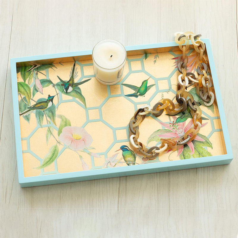Hummingbird Trellis Lacquer Vanity Tray in Gold