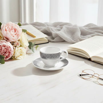 طقم ديملاج قرطبة مكون من 6 قطع من فناجين وصحون القهوة التركية (بلاتينيوم)