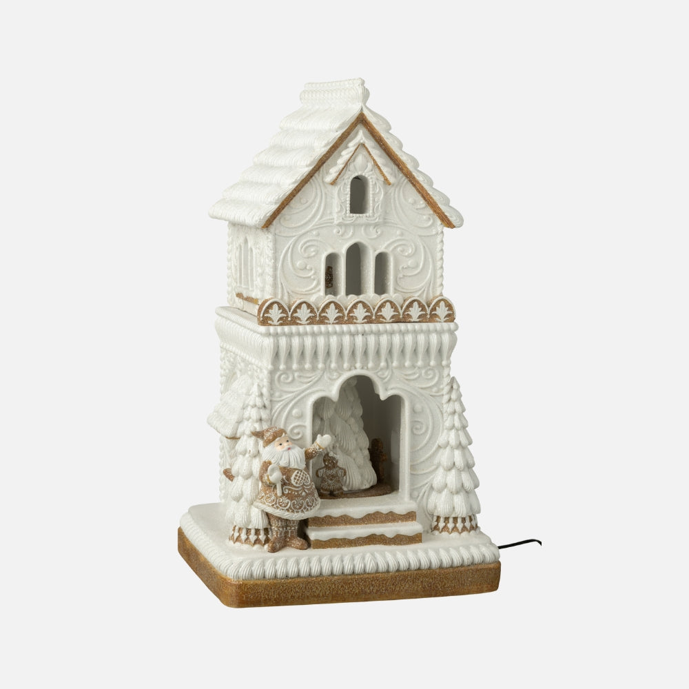 Gingerbread LED House with Santa Claus Figurine - Beige/White