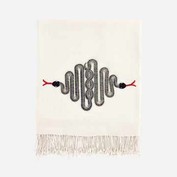 Snake Embellished Throw - White Merino Wool with Beaded Serpents