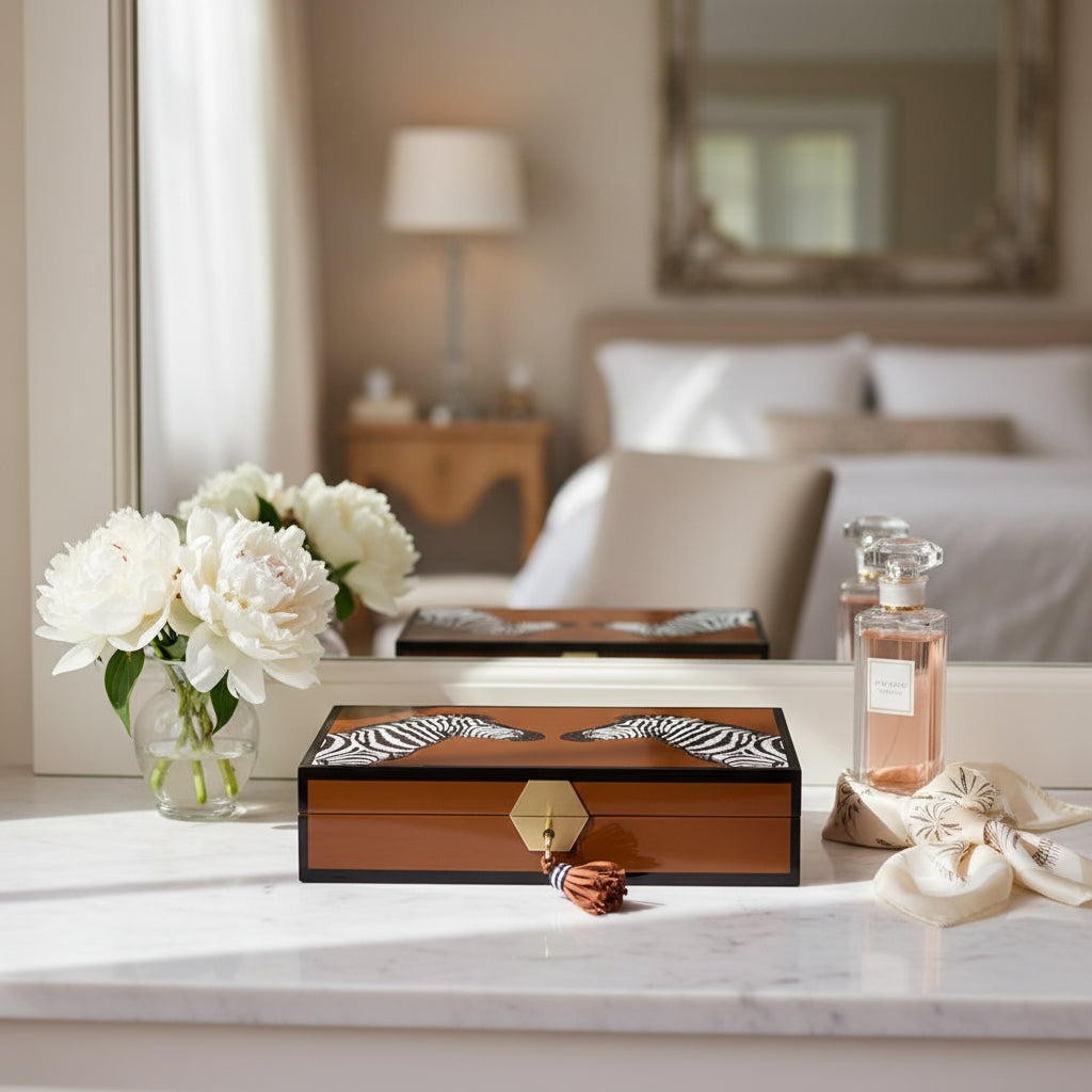 صندوق مجوهرات من ورنيش الزيبرا - مخمل بلون الكونياك والجمل