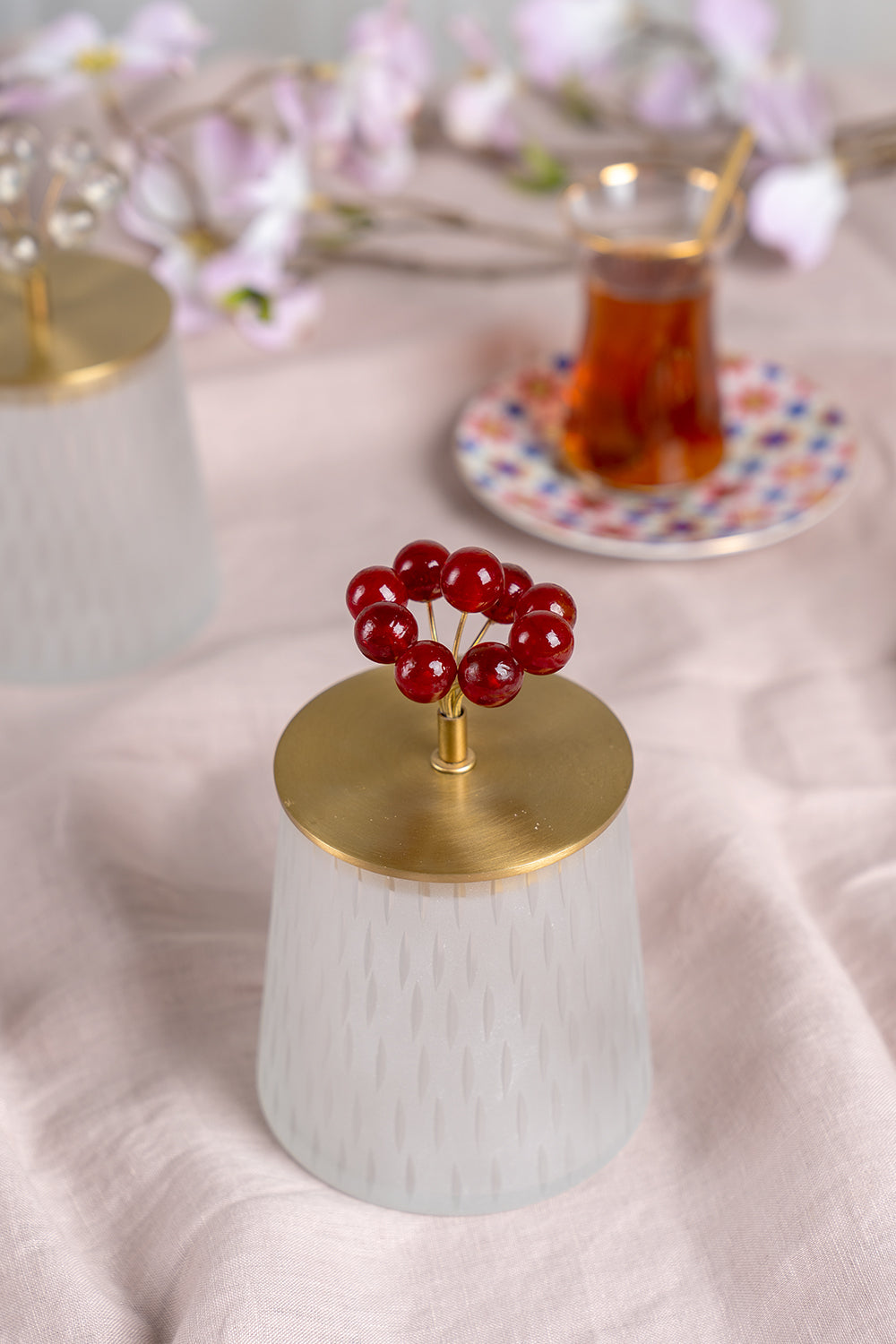 Rice Bonbon Jar with Lid, Small, Red Flower