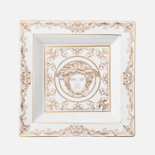 Medusa Gala Dish – White & Gold Porcelain Square Plate, 22 cm