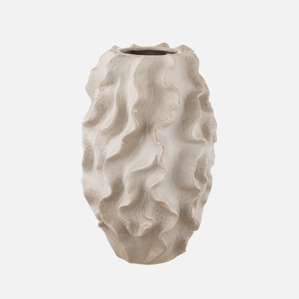 Abstract Waves Porcelain Vase – Large Beige Sculptural Accent