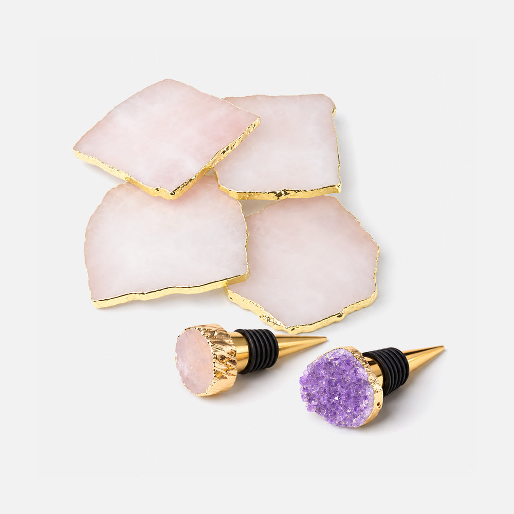 4 Rose Quartz Coasters & 2 Bottle Toppers