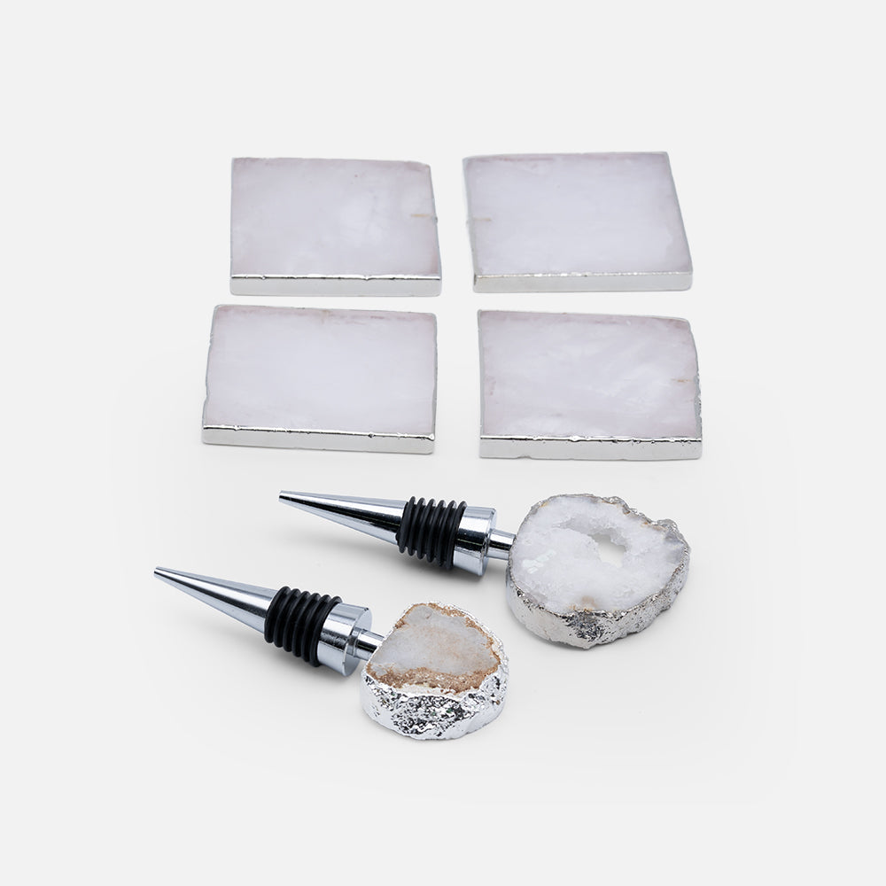 4 White Quartz Coasters & 2 Bottle Toppers