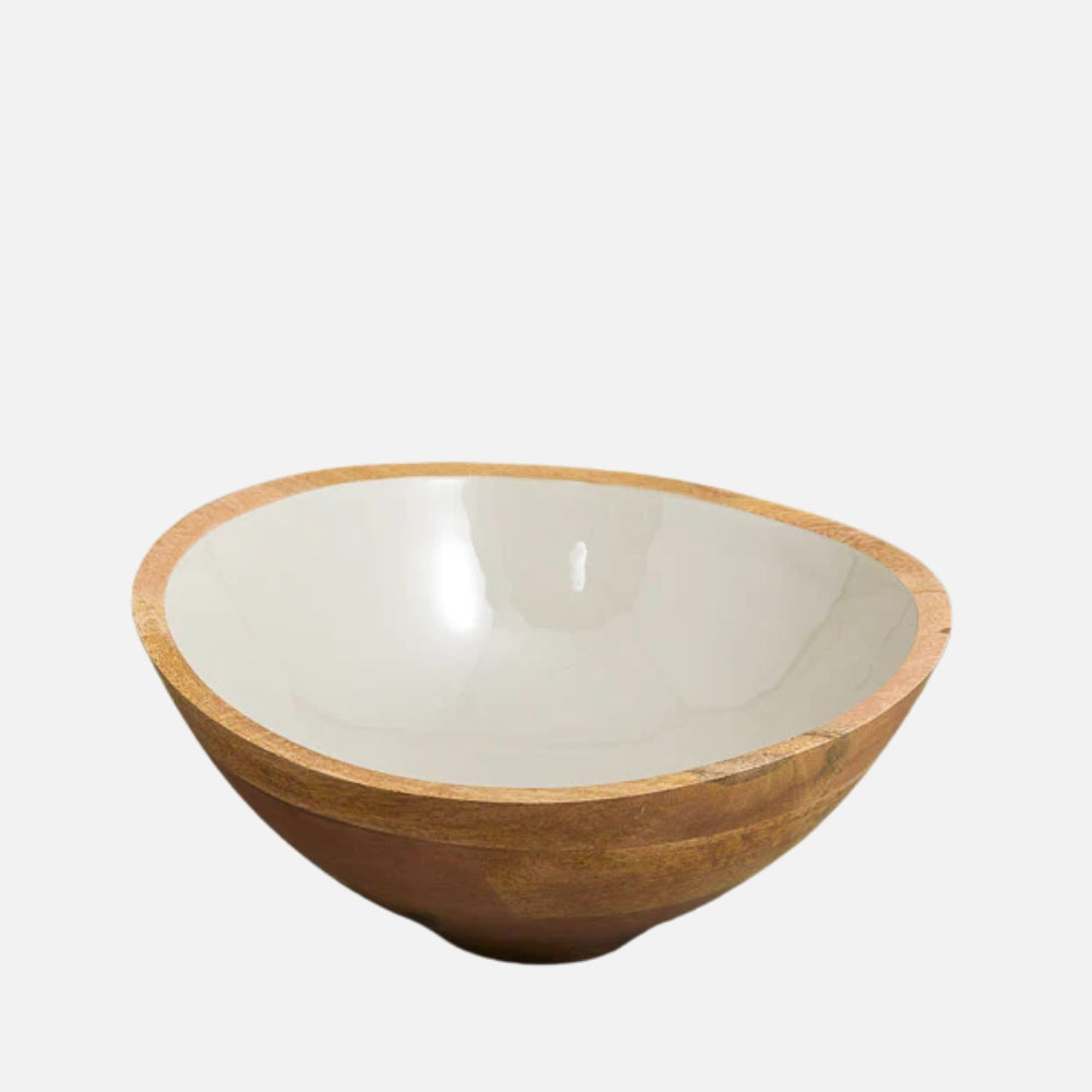 Be Home Madras mango wood salad bowl in taupe, 30cm, front view