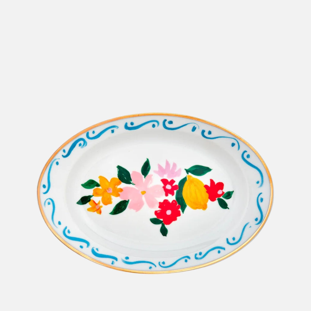 Bitossi Home Dipinto hand-painted flowers and lemon oval tray, 19.5x13cm, front view