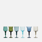 Bitossi Home Diseguale textured blown glass goblets in blue and green, set of six, front view