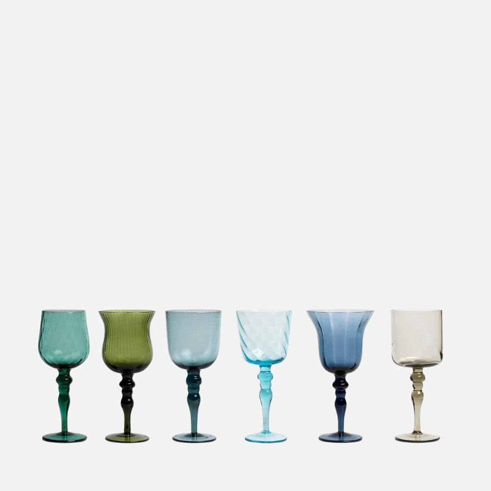 Bitossi Home Diseguale textured blown glass goblets in blue and green, set of six, front view