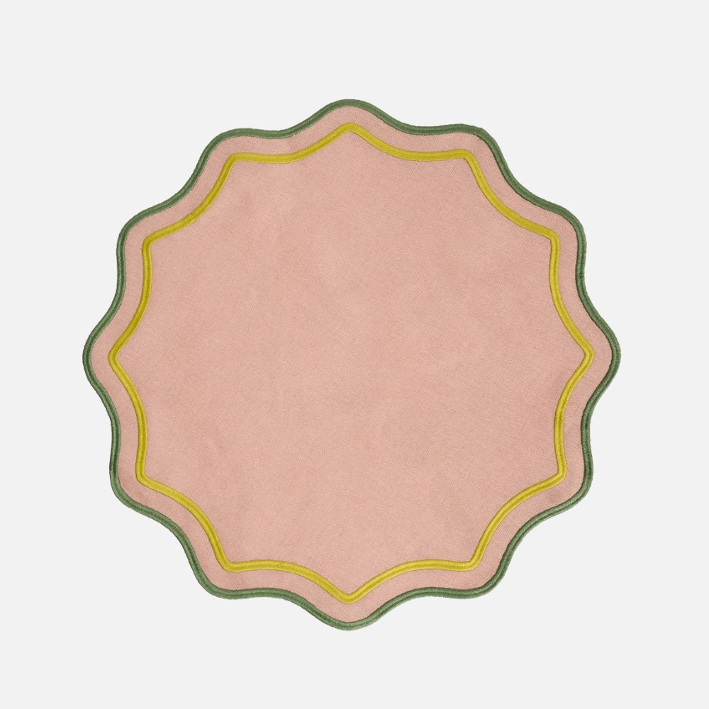 Bitossi Home Smerlo pink scalloped placemats, 38cm, set of two, viewed from above