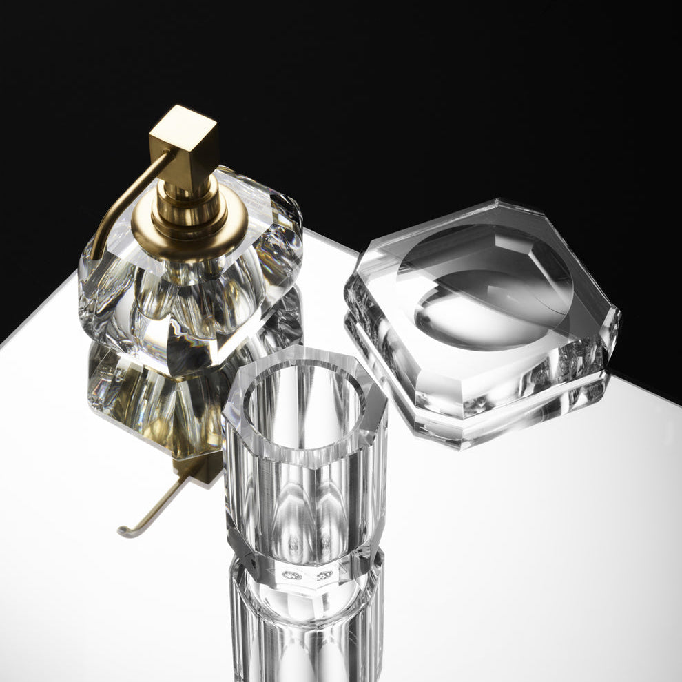 Décor Walther Kristal Soap Dispenser, Clear, styled in a bathroom setting