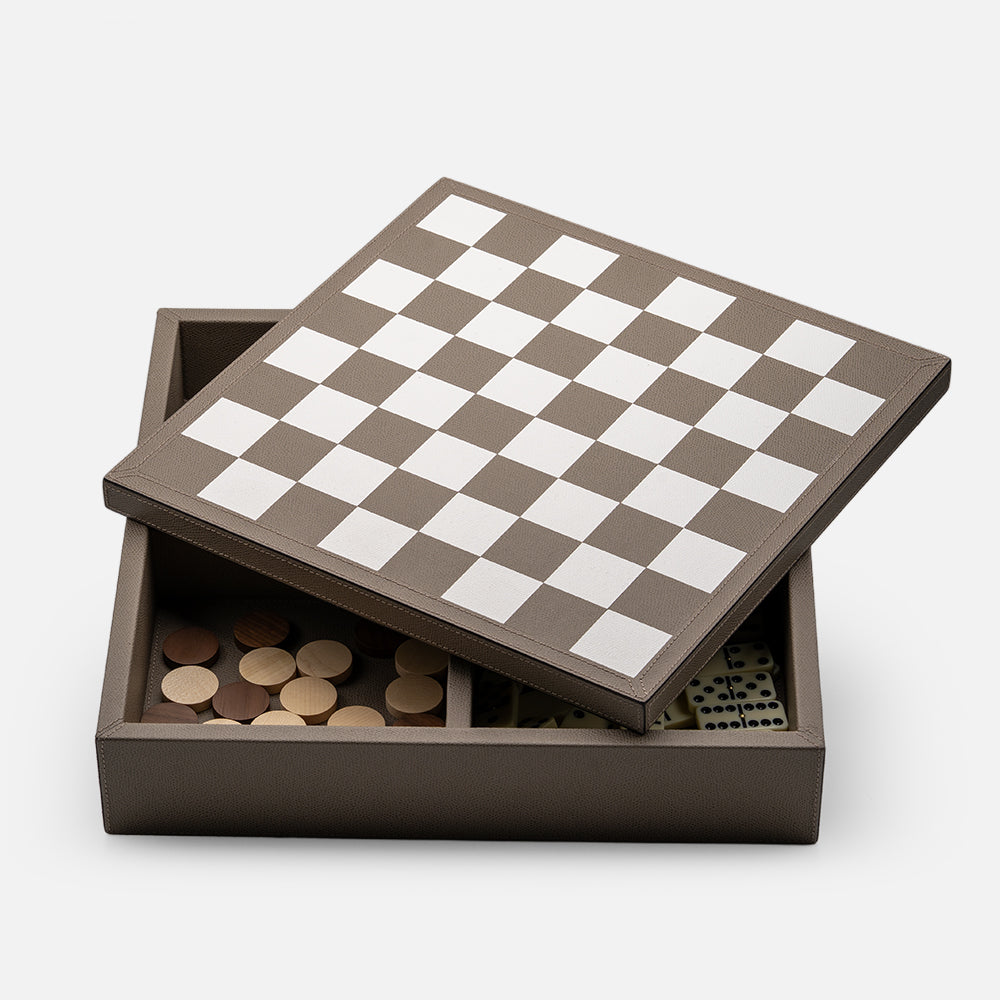 Giobagnara Triple Game Box: Chess, Draughts & Dominos, Mud, shown open
