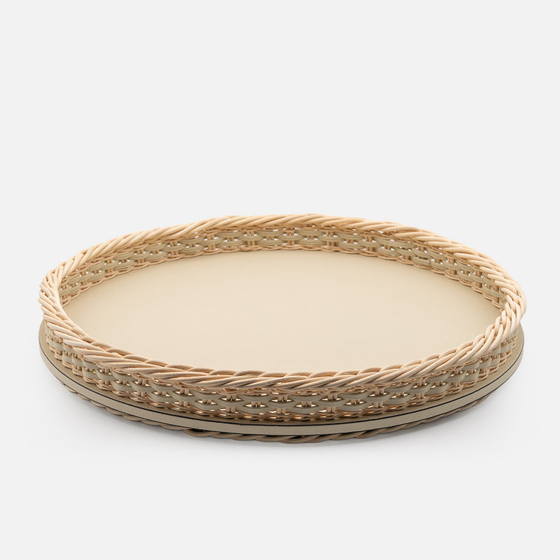 Orsay Leather & Rattan Round Tray, Ivory, 46.5cm