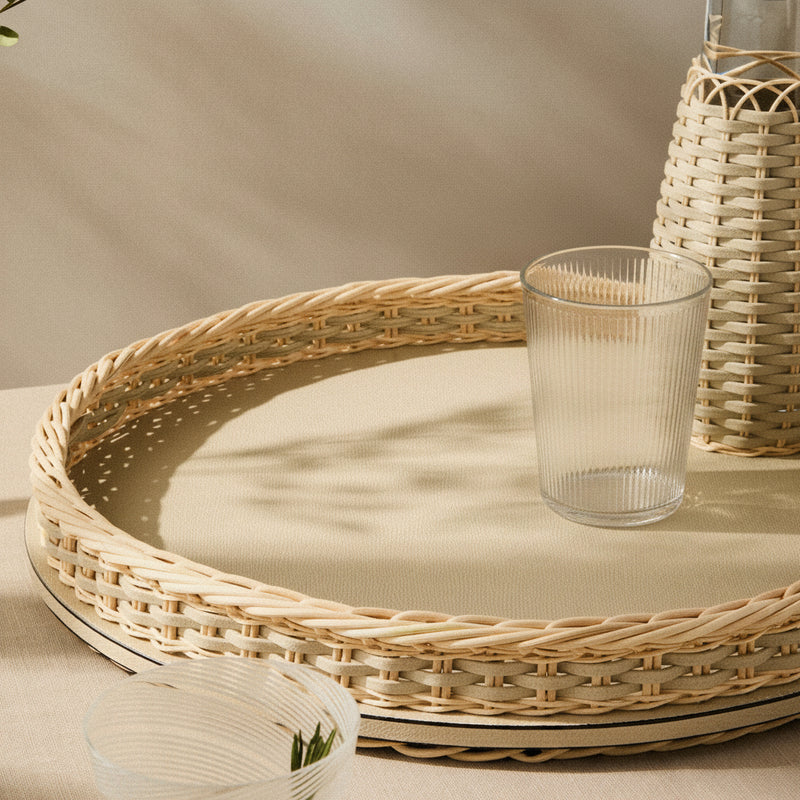 Orsay Leather & Rattan Round Tray, Ivory, 46.5cm