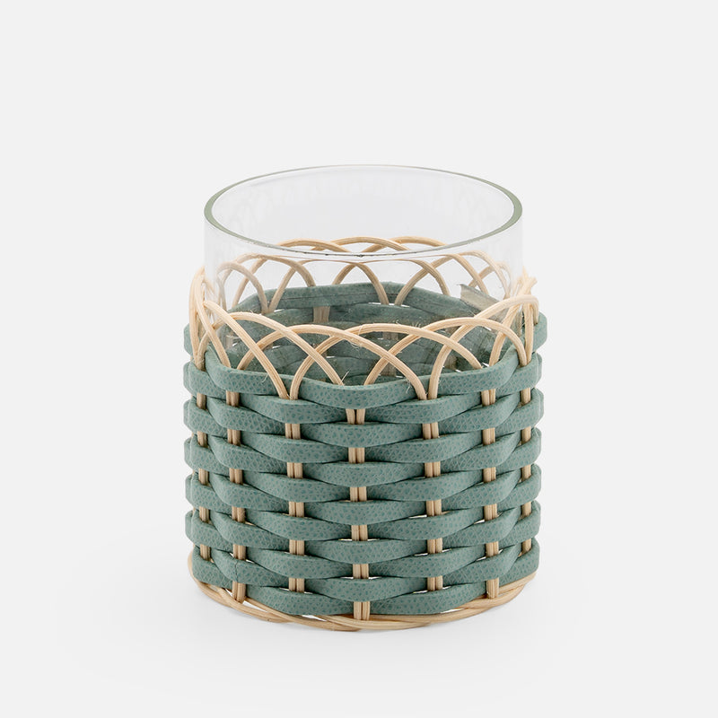 Wideville Leather & Rattan Candle Holder, Mint