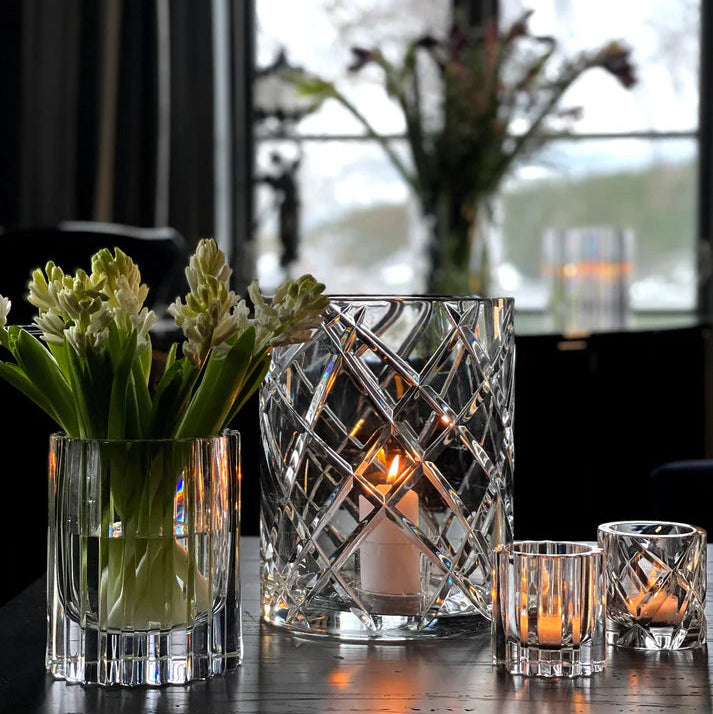 Skogsberg & Smart Classic Crystal Hurricane Lamp, Large, styled in a room setting