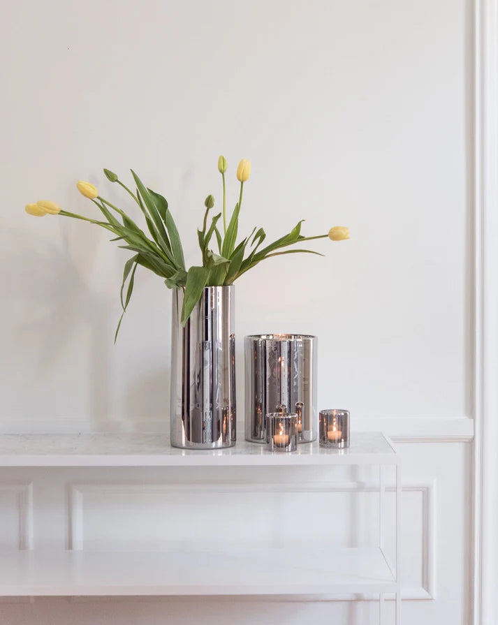 Skogsberg & Smart Silver Hurricane Lamp, Large, styled in a room setting (2)