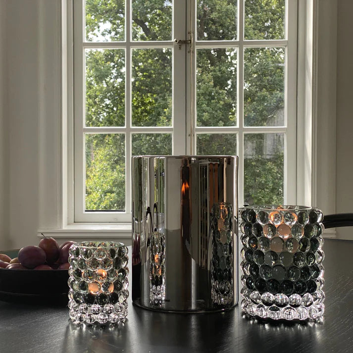 Skogsberg & Smart Silver Hurricane Lamp, Large, styled in a room setting 2