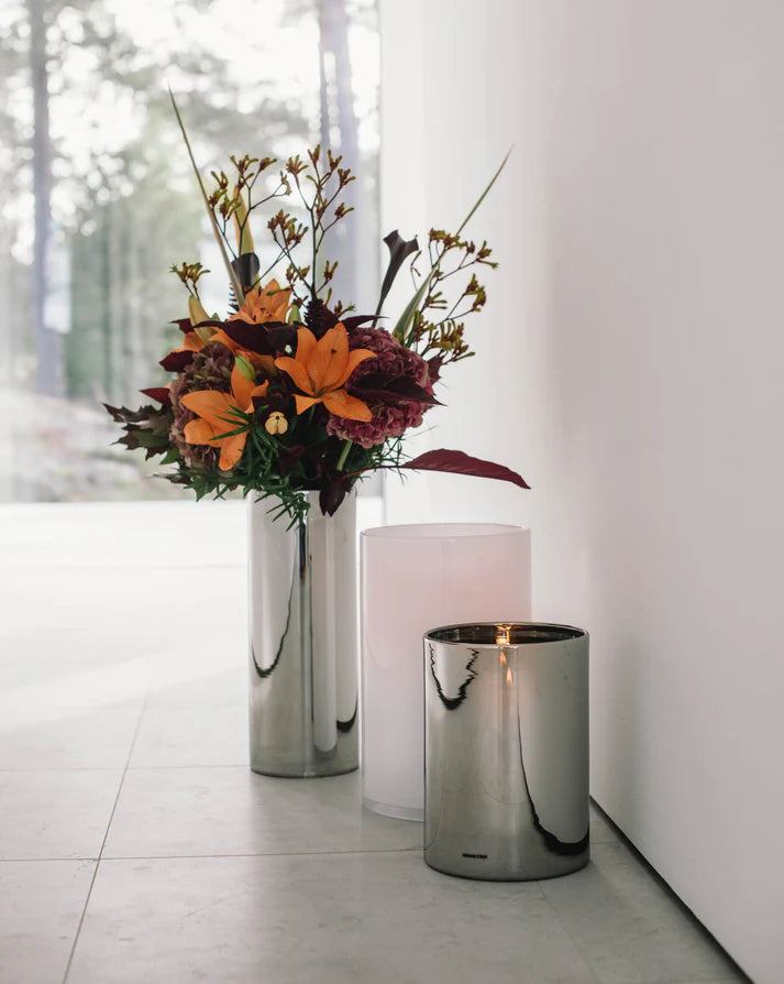 Skogsberg & Smart Silver Hurricane Lamp, Large, styled in a room setting (3)