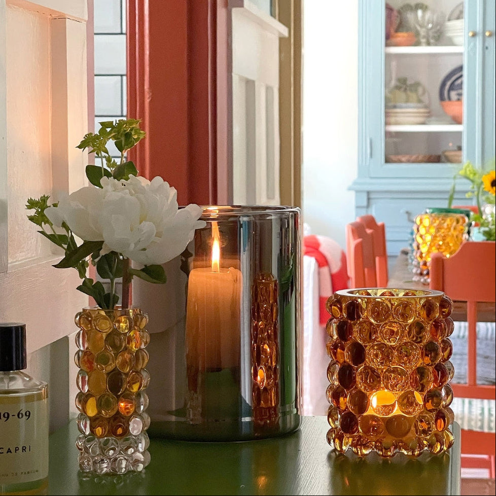 Skogsberg & Smart Silver Hurricane Lamp, Medium, styled in a room setting