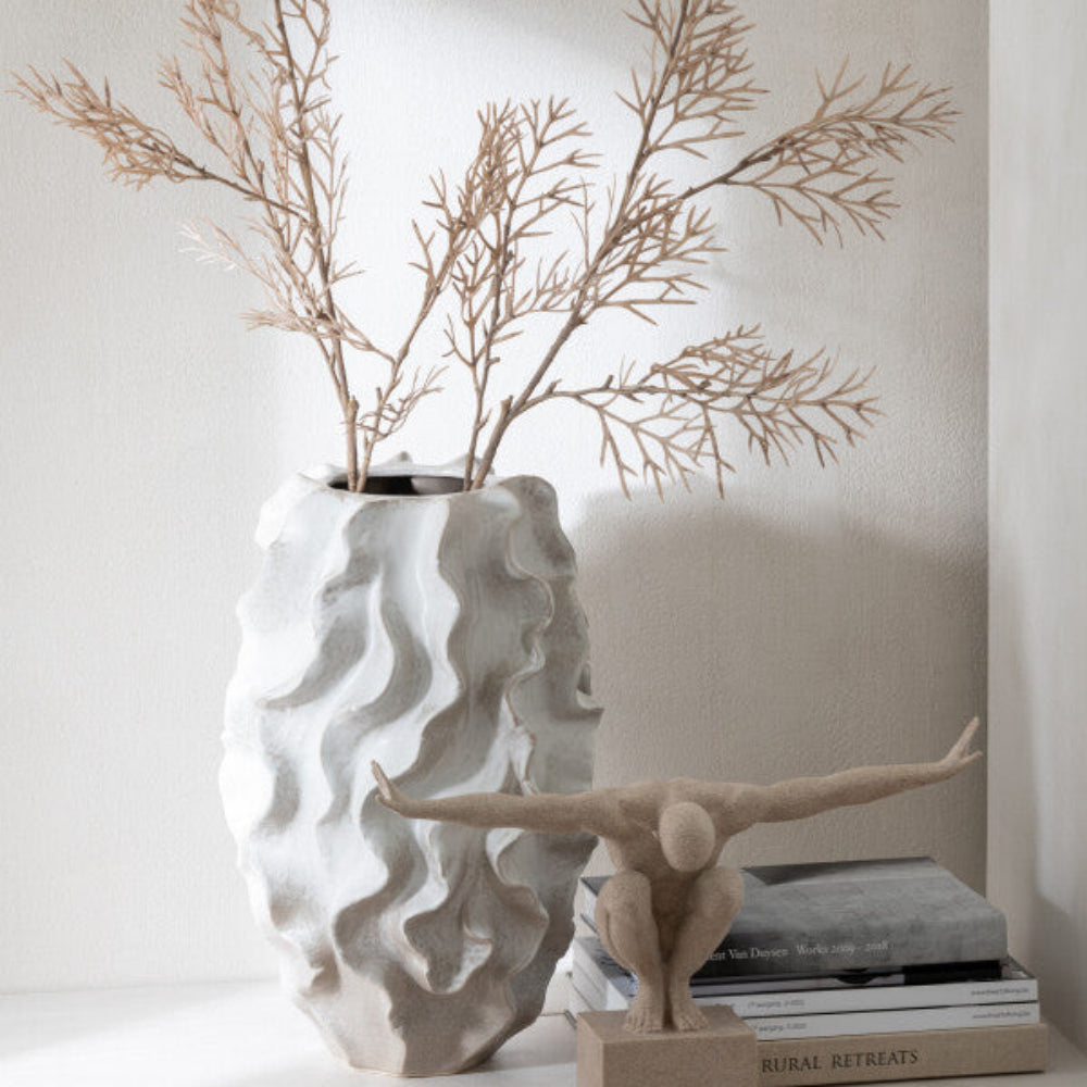 Abstract Waves Porcelain Vase – Large Beige Sculptural Accent