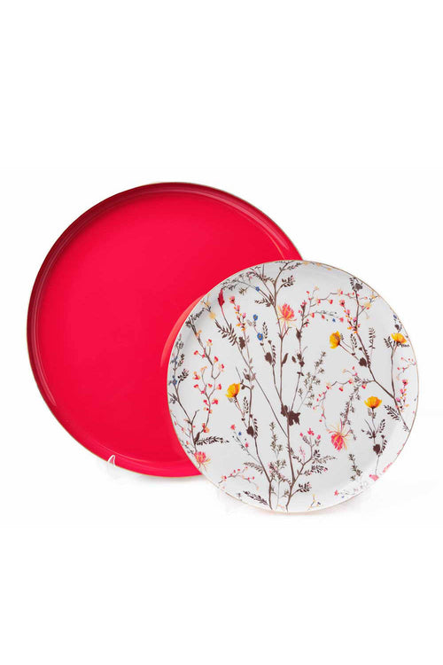 Botanical Platters, Set of 2, Round, White & Red