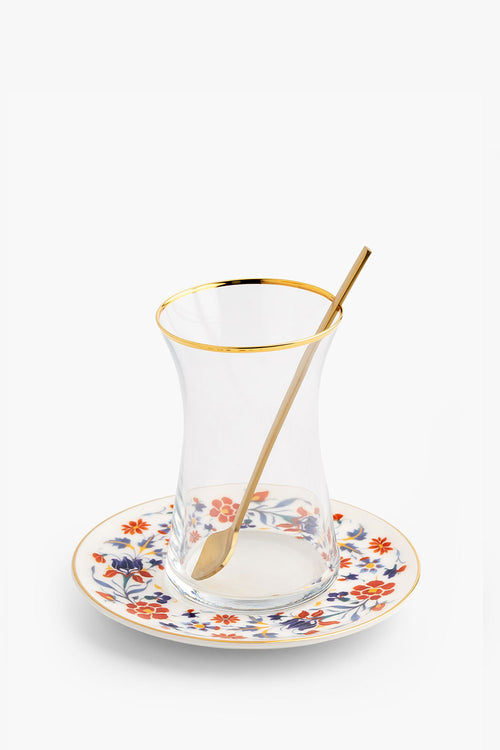 Vintage Floral Tea Glass & Saucer with Teaspoons, Set of 6